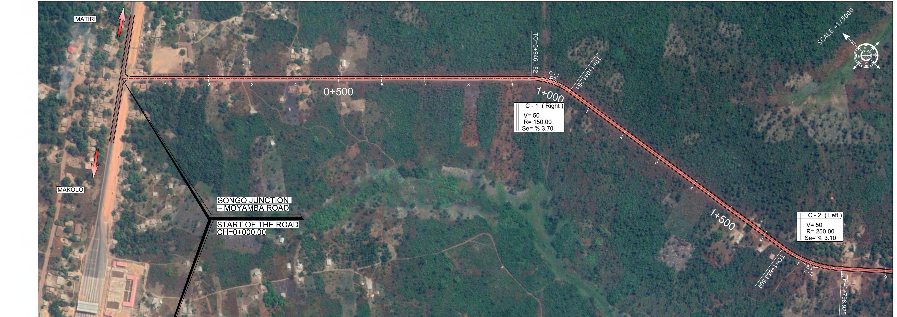 Road corridor alignment plan on satellite imagery