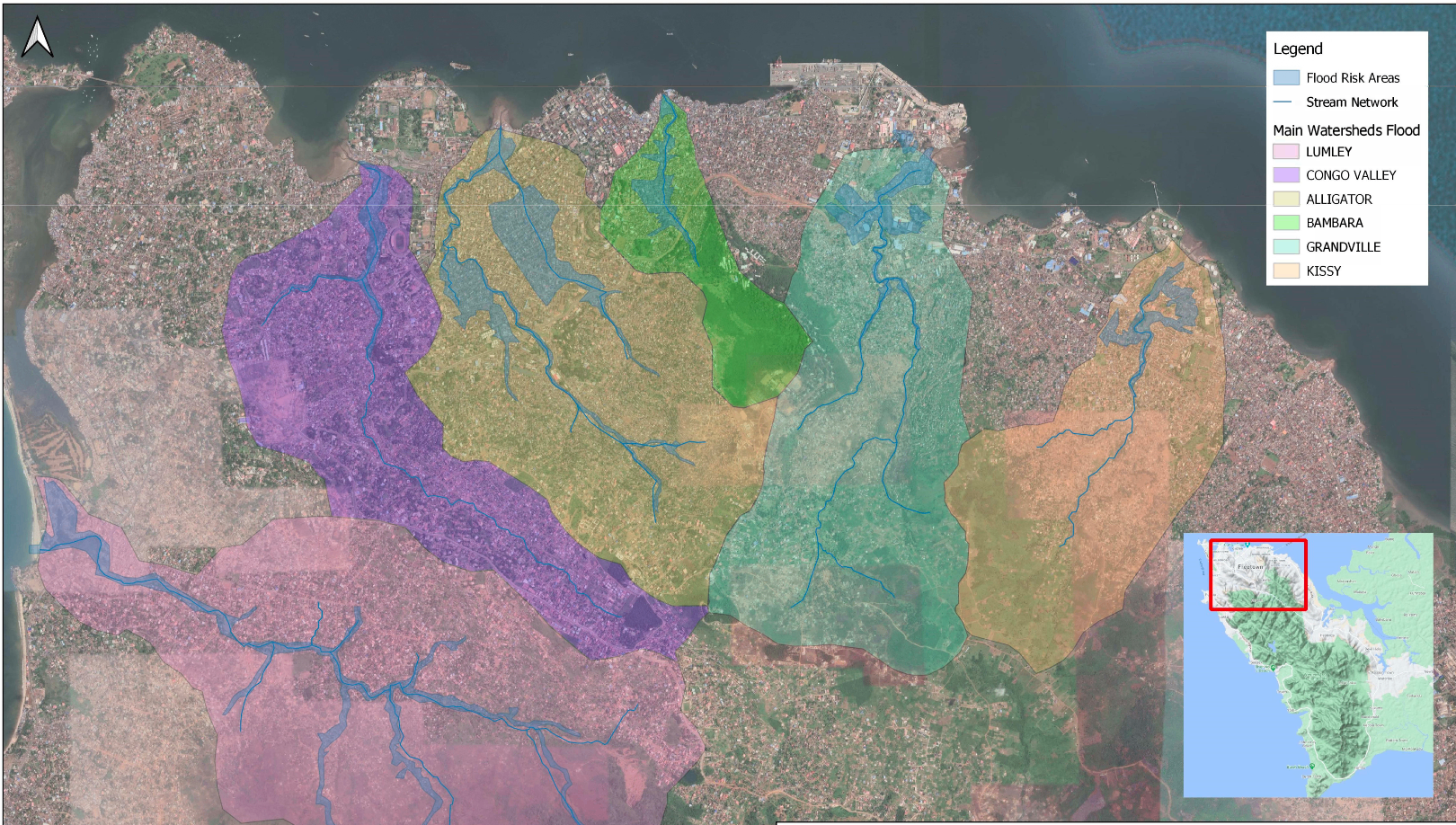 Urban watershed delineation and stream network map — Freetown