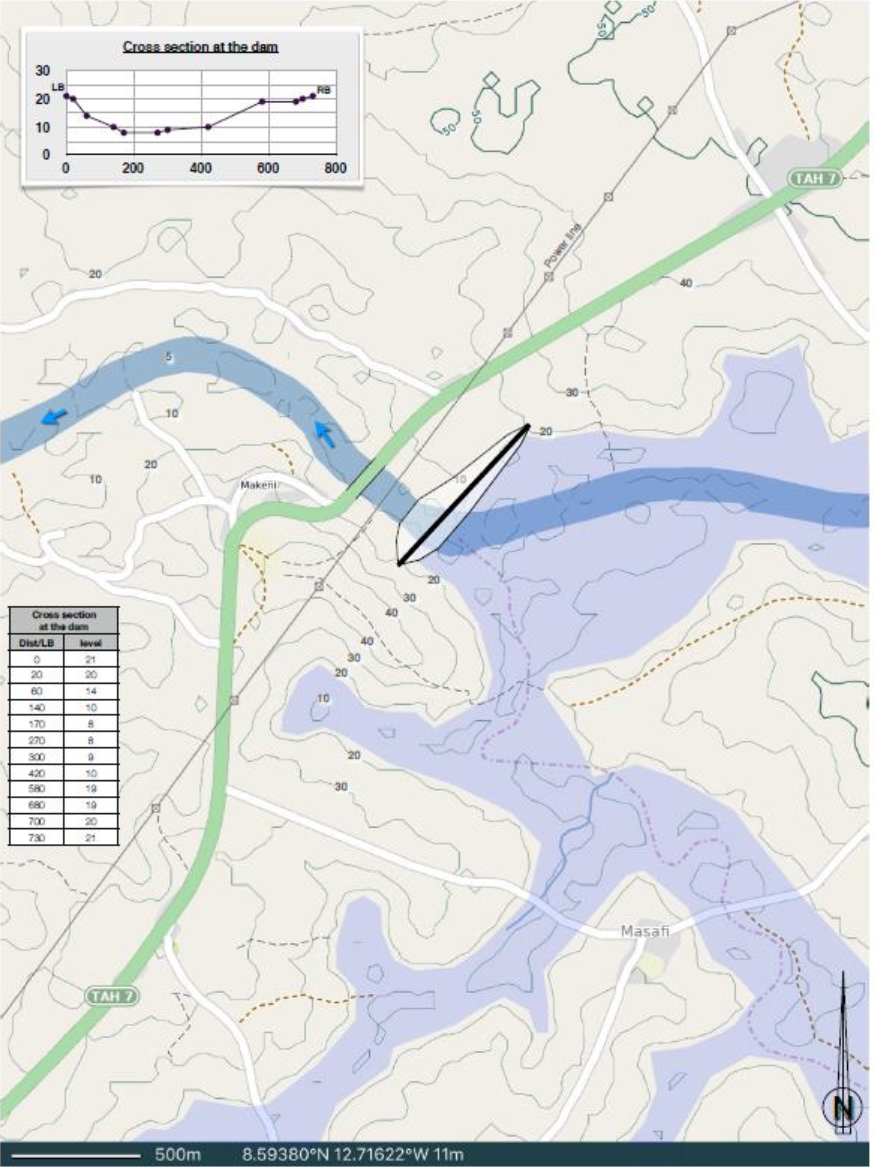 Hydraulic model of a dam and river corridor — flood extent and terrain